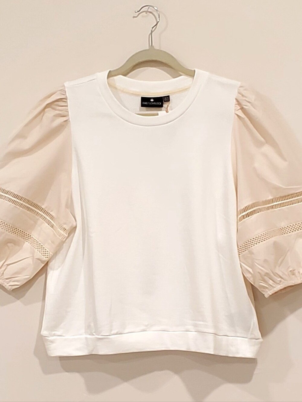 Emily Lovelock Cotton White Top Beige Puffy Sleeves With Open Crochet, Lg, NWT